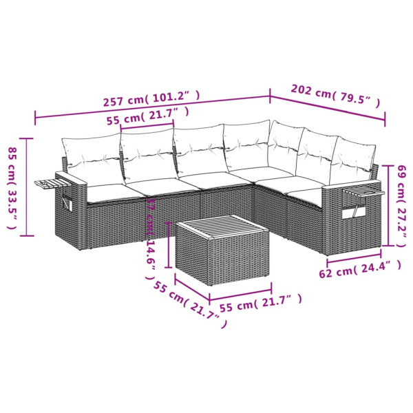 Set de comedor de jardín 7 pzas y cojines ratán sintético negro M 3
