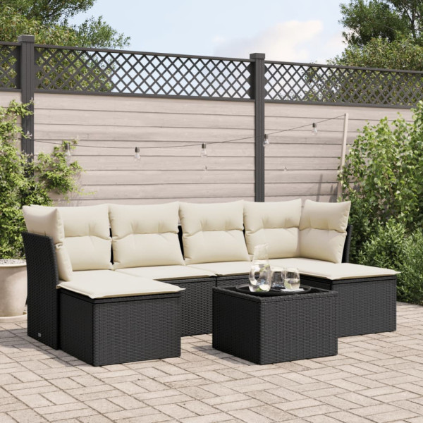 Set de comedor de jardín 7 pzas y cojines ratán sintético negro D