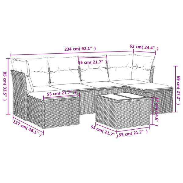 7 pcs conjunto de sofás p/ jardim c/ almofadões vime PE preto M 3