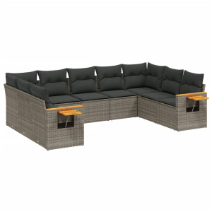 Set de muebles de jardín 9 pzas y cojines ratán sintético gris H