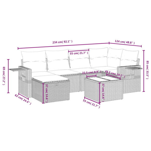 7 pcs conjunto de sofás p/ jardim c/ almofadões vime PE preto M 3