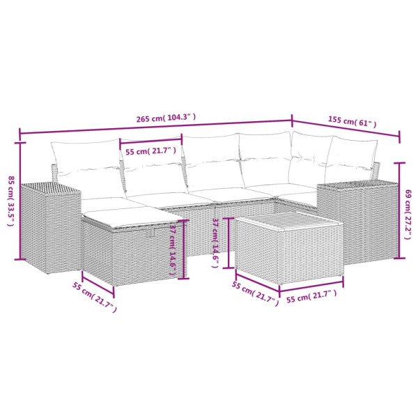 Set de comedor de jardín 7 pzas y cojines ratán sintético negro M 3