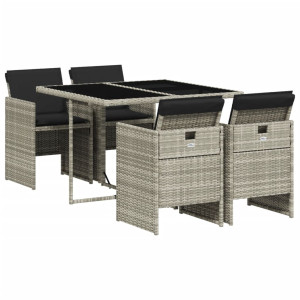 Set comedor de jardín 5 pzas cojines ratán sintético gris claro H