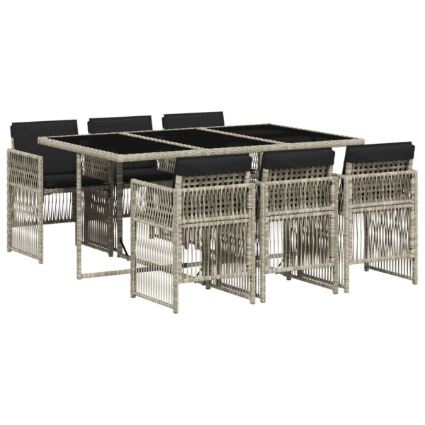 7 pcs conj. jantar p/ jardim c/ almofadões vime PE cinza-claro M 2