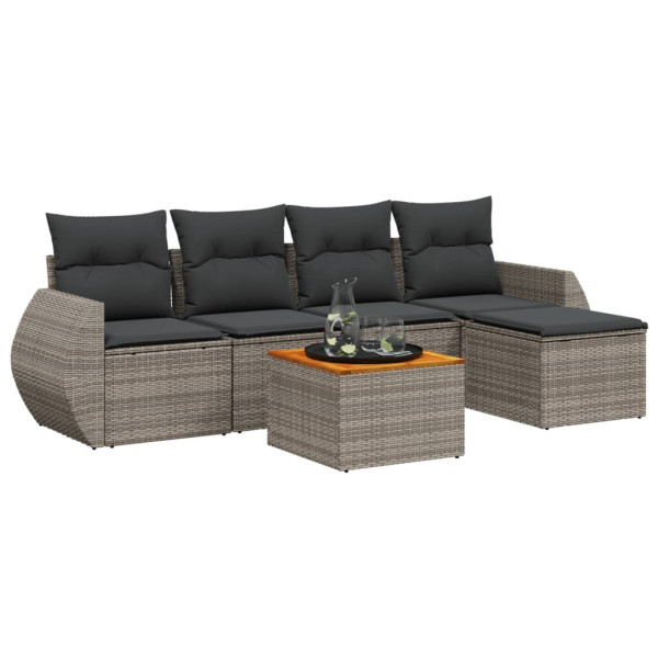 Set de muebles de jardín 6 pzas y cojines ratán sintético gris M 2