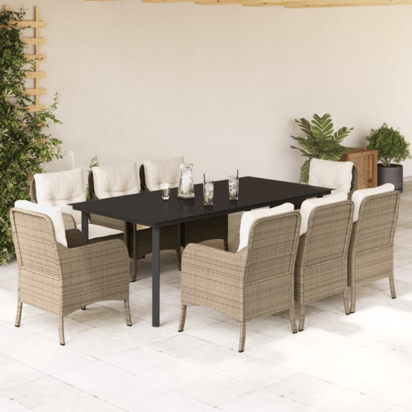 9 pcs conjunto de jantar p/ jardim com almofadões vime PE bege D