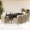 9 pcs conjunto de jantar p/ jardim com almofadões vime PE bege 1