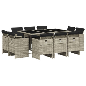 Set de comedor de jardín 11 pzas y cojines ratán sintético gris H