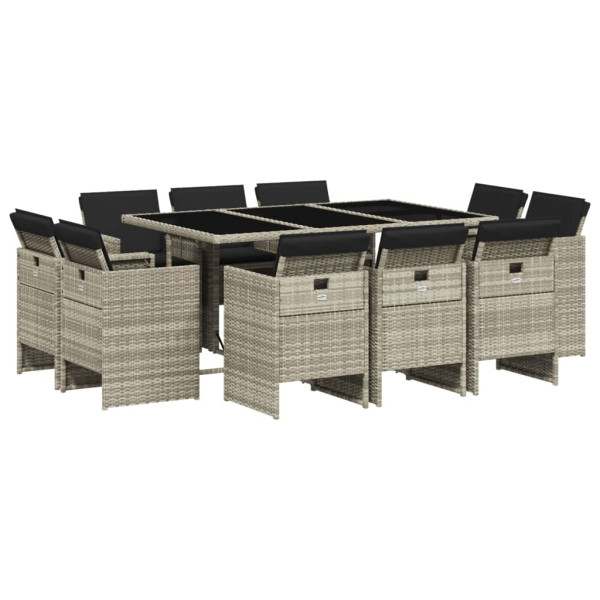 11 pcs conjunto jantar p/ jardim c/ almofadões vime PE cinzento M 2
