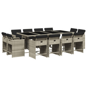 Set comedor jardín y cojines 13 pzas ratán sintético gris claro H