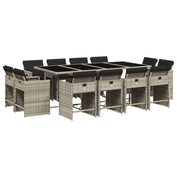 13 pcs conj. jantar jardim c/ almofadões vime PE cinzento-claro M 2