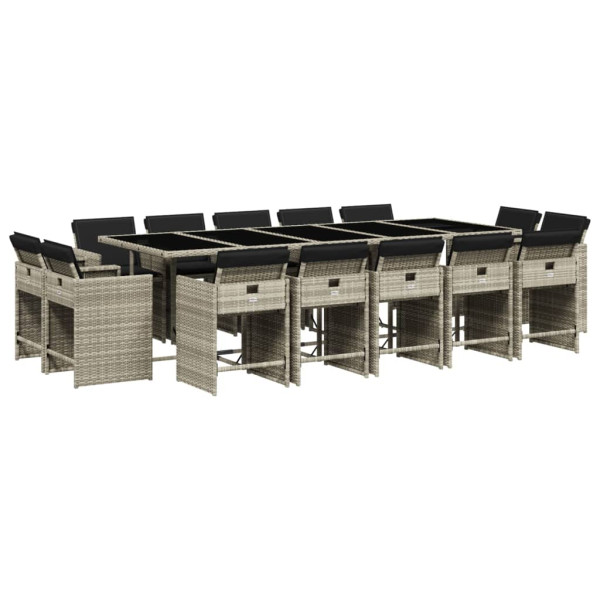 Set comedor jardín y cojines 15 pzas ratán sintético gris claro M 2