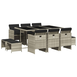 Set de comedor de jardín 11 pzas y cojines ratán sintético gris H