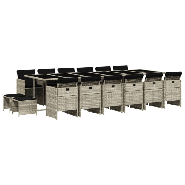 17 pcs conj. jantar jardim c/ almofadões vime PE cinzento-claro M 2