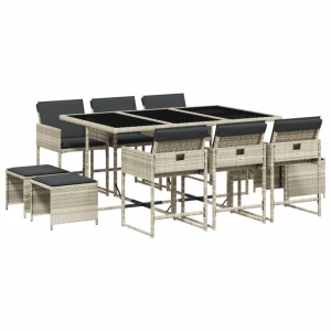 Set de comedor de jardín 11 pzas y cojines ratán sintético gris H