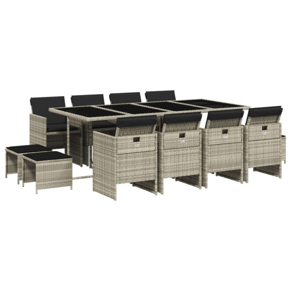 13 pcs conj. jantar jardim c/ almofadões vime PE cinzento-claro M 2