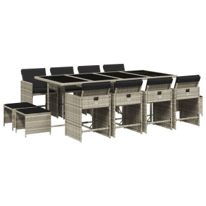 Set comedor jardín y cojines 13 pzas ratán sintético gris claro H
