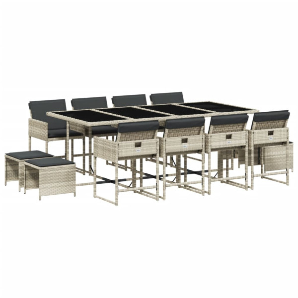 13 pcs conj. jantar jardim c/ almofadões vime PE cinzento-claro M 2