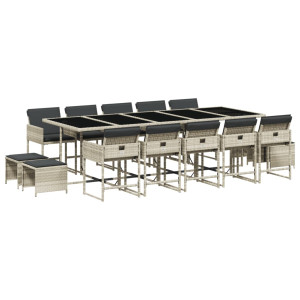Set comedor jardín y cojines 15 pzas ratán sintético gris claro H