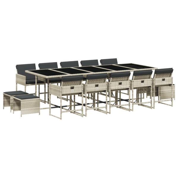 Set comedor jardín y cojines 15 pzas ratán sintético gris claro M 2