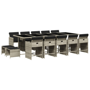 Set comedor jardín y cojines 15 pzas ratán sintético gris claro H