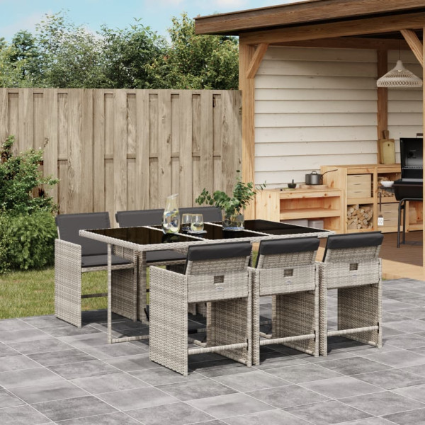 7 pcs conj. jantar p/ jardim c/ almofadões vime PE cinza-claro D