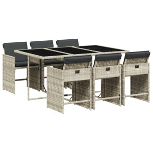 Set comedor jardín 7 pzas y cojines ratán sintético gris claro H