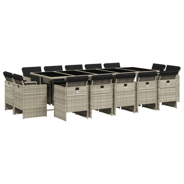 15 pcs conj. jantar jardim c/ almofadões vime PE cinzento-claro M 2