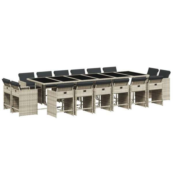 17 pcs conj. jantar jardim c/ almofadões vime PE cinzento-claro M 2