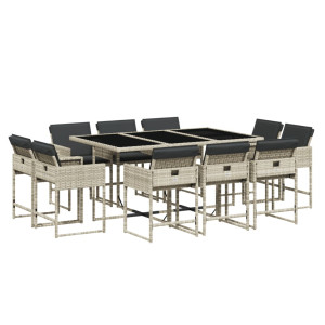 Set de comedor de jardín 11 pzas y cojines ratán sintético gris H