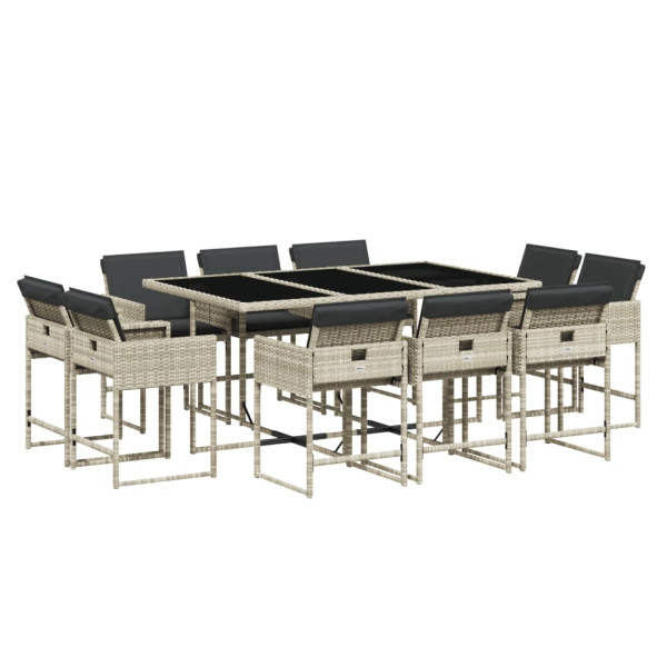 Set de comedor de jardín 11 pzas y cojines ratán sintético gris M 2