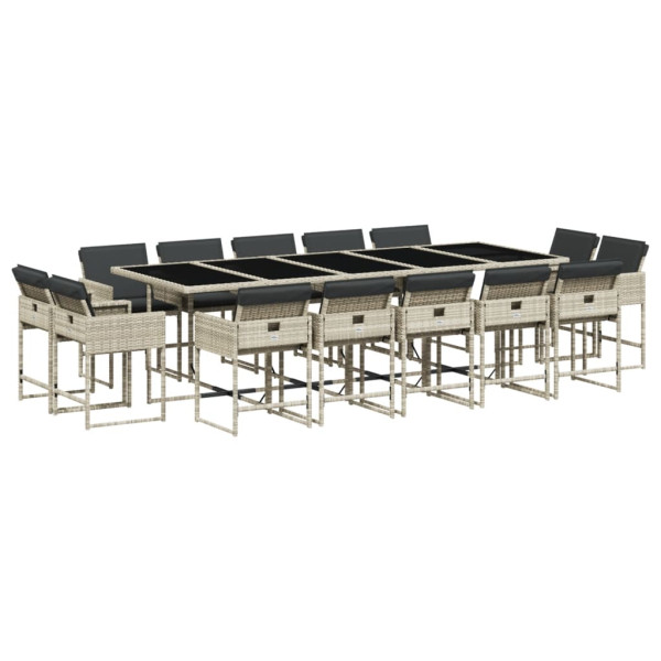 Set comedor jardín y cojines 15 pzas ratán sintético gris claro M 2