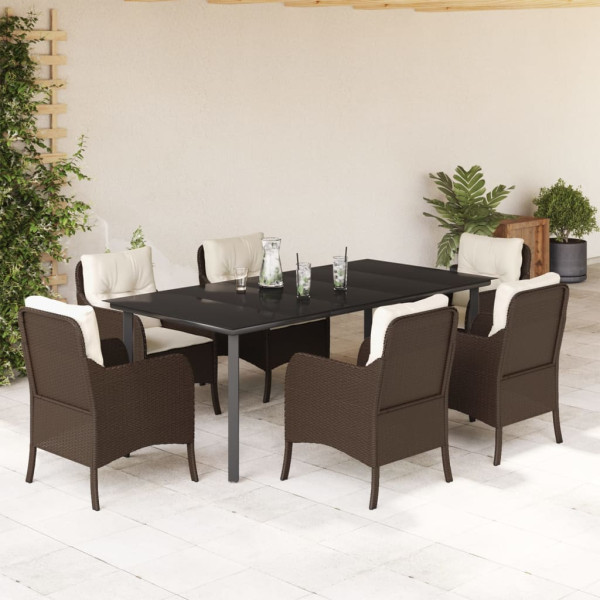 7 pcs conjunto jantar p/ jardim c/ almofadões vime PE castanho D