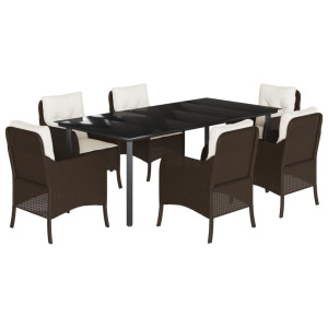 Set comedor de jardín 7 pzas con cojines ratán sintético marrón H