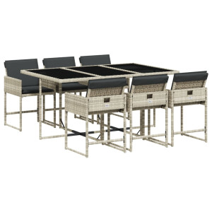 Set comedor jardín 7 pzas y cojines ratán sintético gris claro H