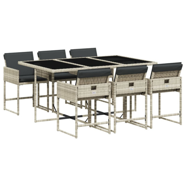 7 pcs conj. jantar p/ jardim c/ almofadões vime PE cinza-claro M 2