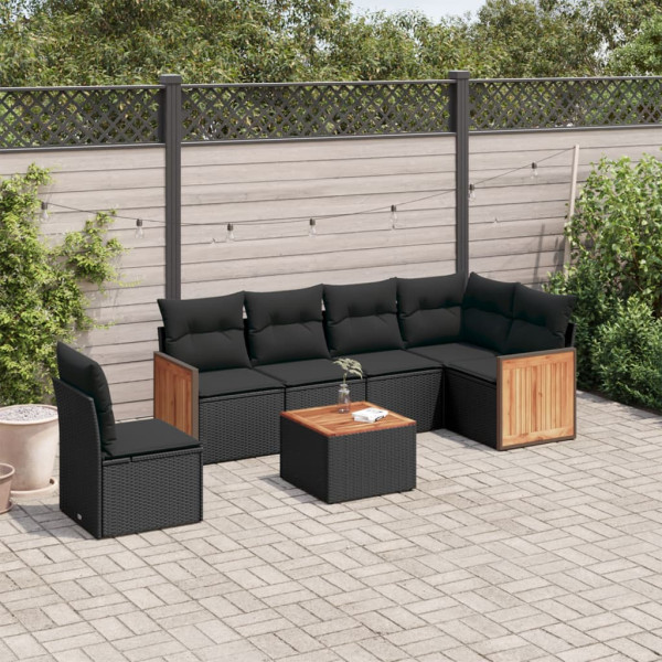 7 pcs conjunto de sofás p/ jardim c/ almofadões vime PE preto D