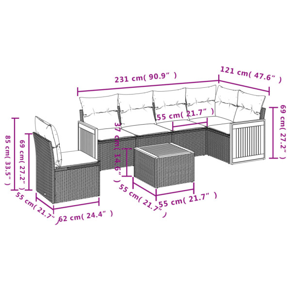 7 pcs conjunto de sofás p/ jardim c/ almofadões vime PE preto M 3
