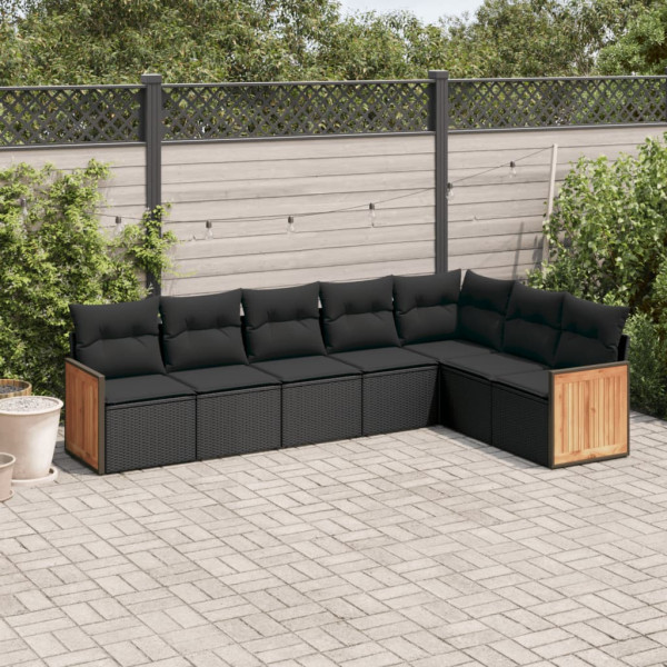 7 pcs conjunto de sofás p/ jardim c/ almofadões vime PE preto D