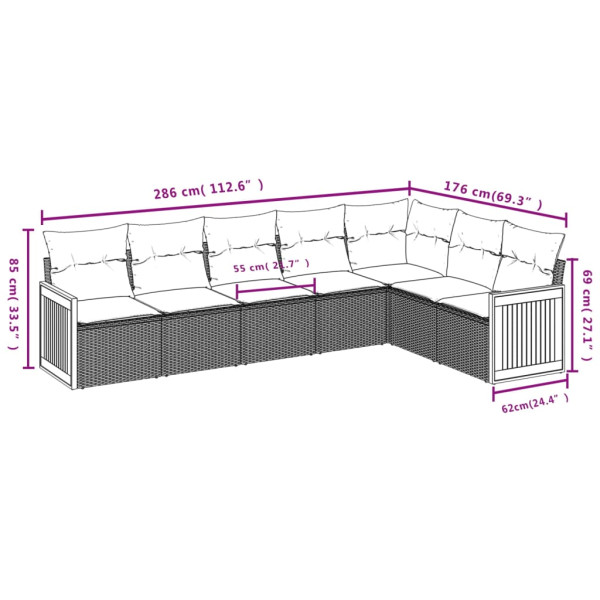 Set de comedor de jardín 7 pzas y cojines ratán sintético negro M 3