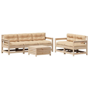 Juego de muebles de jardín 6 pzas y cojines madera maciza pino H