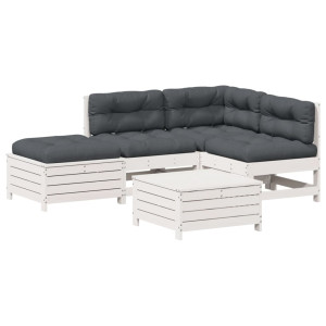 Set muebles jardín 5 pzas con cojines madera maciza pino blanco H