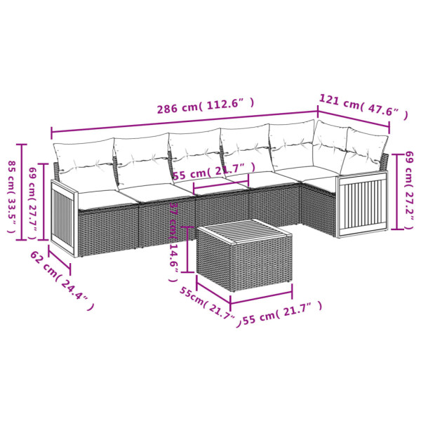 Set de comedor de jardín 7 pzas y cojines ratán sintético negro M 3