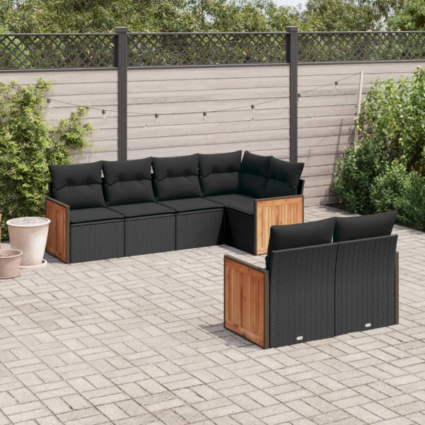 7 pcs conjunto de sofás p/ jardim c/ almofadões vime PE preto D
