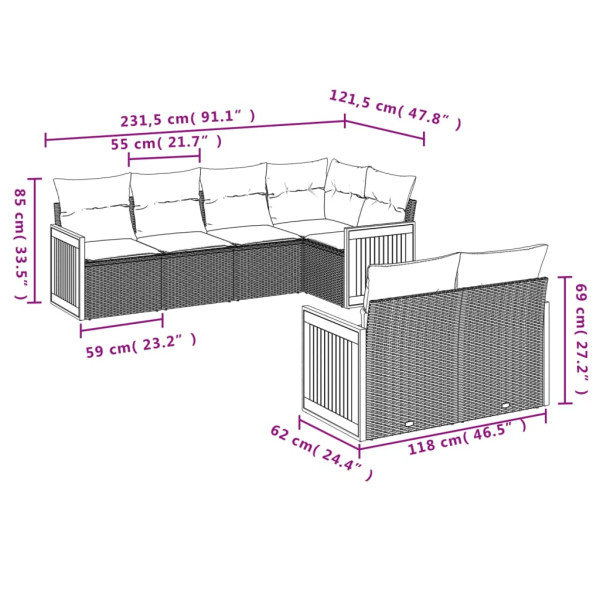 7 pcs conjunto de sofás p/ jardim c/ almofadões vime PE preto M 3