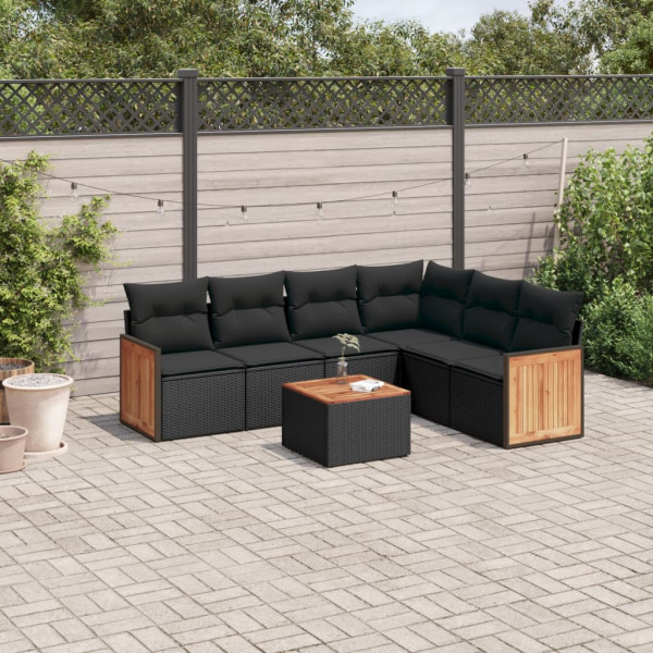7 pcs conjunto de sofás p/ jardim c/ almofadões vime PE preto D