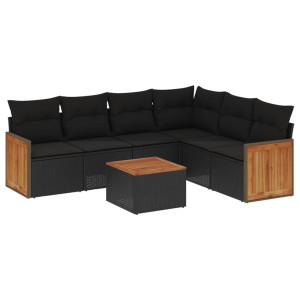 Set de comedor de jardín 7 pzas y cojines ratán sintético negro H
