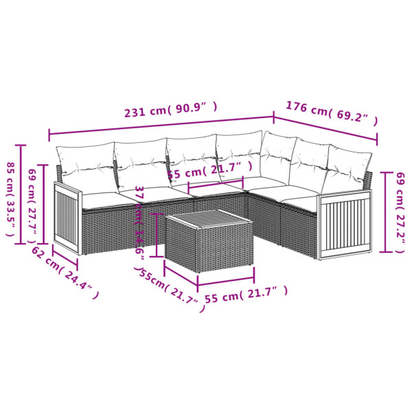 Set de comedor de jardín 7 pzas y cojines ratán sintético negro M 3