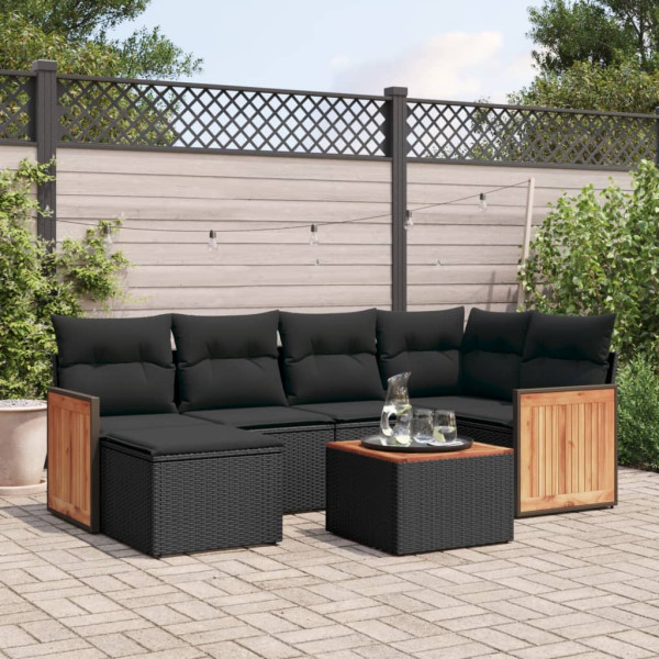 7 pcs conjunto de sofás p/ jardim c/ almofadões vime PE preto D