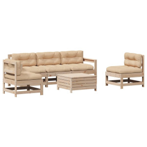 Juego de muebles de jardín 6 pzas y cojines madera maciza pino H